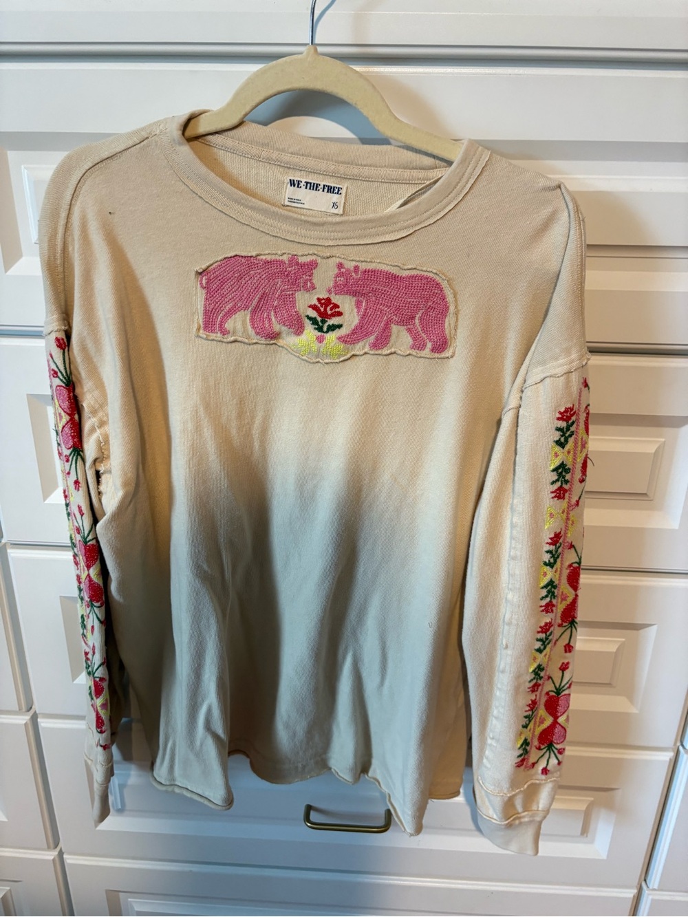 We The Free  Cream Long-Sleeve Top with Pink Bear Embroidery
